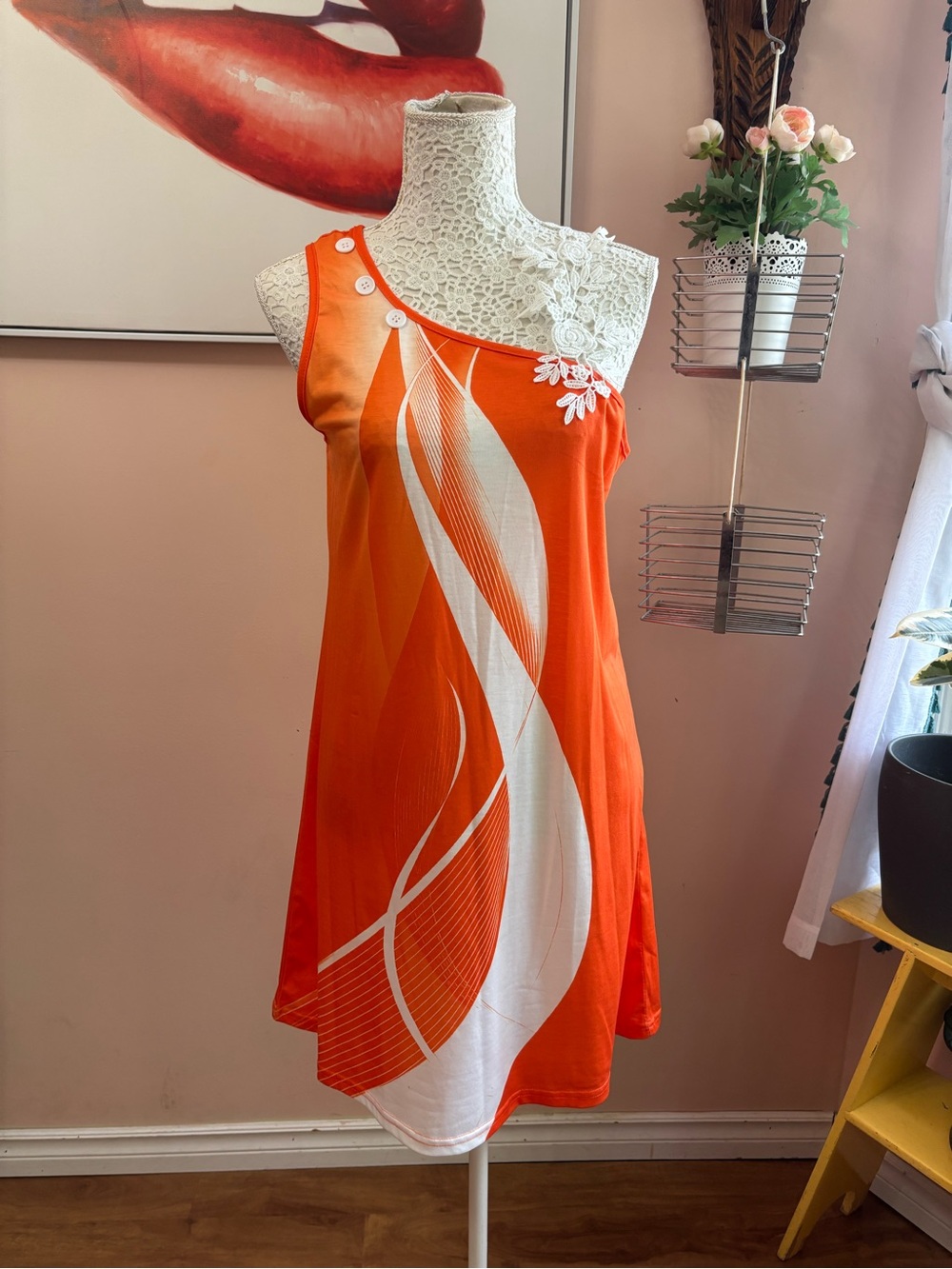 Bright Orange One-Shoulder Dress with White Wave Detail